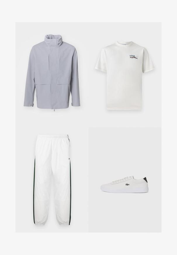 Light gray jacket with a high collar, button closure, and a cropped design. Features a smooth texture with minimalistic styling and no visible patterns.; White cotton T-shirt with a round neckline, short sleeves, and a small embroidered logo featuring mountains and text on the left chest.; White track pants with dark green side panels. Lightweight material, elastic waistband, and cuffed hems. Features mesh texture on side panels.; White leather sneaker with round toe, lace-up front, and black heel accent. Features a small embroidered crocodile logo on the side.