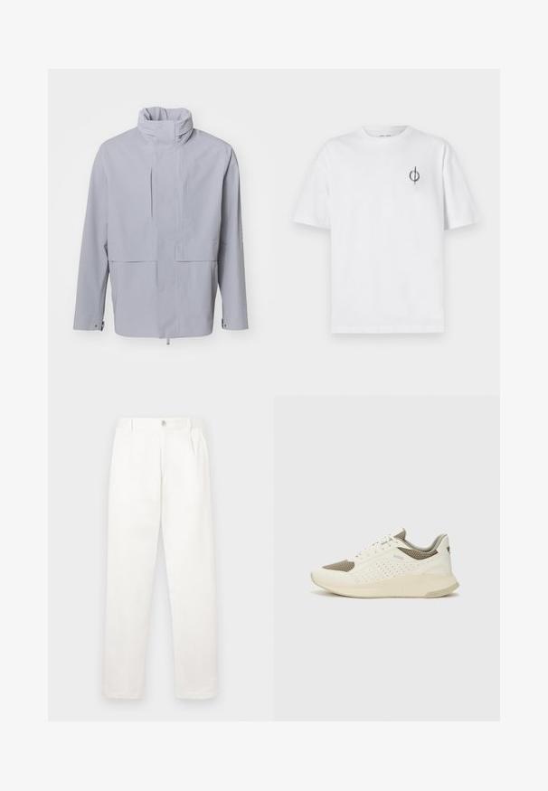 Chaqueta gris claro con un alto cuello, cierre de botones y un diseño cortado. Presenta una textura suave con un estilo minimalista y sin patrones visibles.; Camiseta de algodón blanca con un corte relajado, con un pequeño logotipo gráfico negro en el área del pecho izquierdo. Mangas cortas, estilo cuello redondo.; Pantalones blancos hechos de una tela suave, con un diseño de pierna recta, pliegues en la parte frontal y un cierre de botón en la cintura.; Zapatilla deportiva en blanco y beige claro, con parte superior de malla, detalles perforados y una mediasuela texturizada con la marca en el talón.