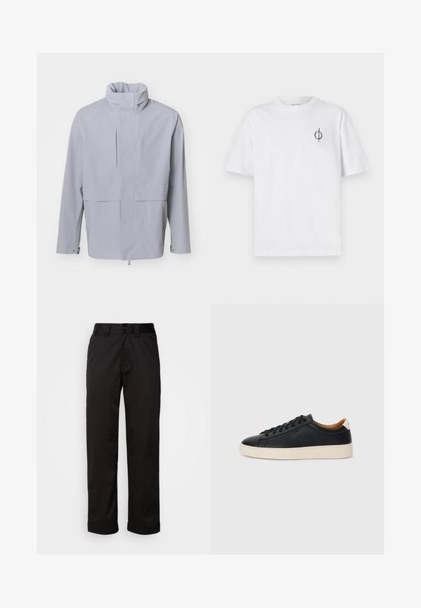 Gaiši pelēks žakets ar augstu apkakli, pogu aizdari un īsu dizainu. Tam ir gluda tekstūra ar minimālistisku stilu un bez redzamām rakstu detaļām.; Bāla kokvilnas t-kreklu ar brīvu piegulšanu, kuram uz kreisā krūšu apvidus ir neliels melns grafiskais logotips. Īsas piedurknes, apaļas kakla izgriezums.; Melnas bikses, izgatavotas no gluda auduma, ar rāvējslēdzēju, pogu aizdari un sarullētām piedurknēm ikdienejai apģērbam.; Melni ādas sporta apavi ar gludu tekstūru, bēša krāsas gumijas zole, auklu aizdare un kontrastējošs papēža akcents.