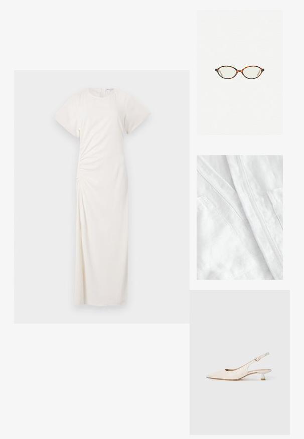 Bijela platnena tkanina s mekim, teksturiranim završetkom. Sadrži vidljivu šavovu obradu i detalj džepa, što naglašava lagan i prozračan dizajn.; Bijela haljina s kratkim rukavima, okruglim izrezom i bočnim naborima; glatka tkanina s siluetom do poda.; Cipele u boji kreme s uskim vrhom i niskom kitten petom, sa zlatnom kopčom na jednostavnoj bijeloj pozadini.; Naočale u boji kornjače s ovalnim staklima i elegantnim, glatkim završetkom. Imaju tanke strane s suptilnom krivuljom na sljepoočnicama. Prozirna stakla.