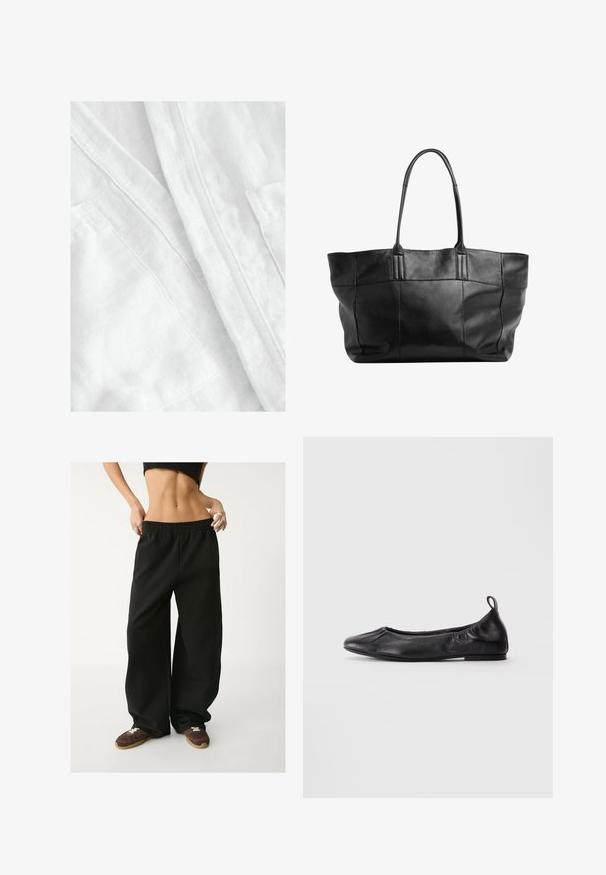 Bela lanena tkanina z mehkim, teksturiranim zaključkom. Ima vidne šive in podrobnost žepa, kar prenaša lahkotno in zračno zasnovo.; Bela bombažna majica brez rokavov s teksturo žameta, krojem brez rokavov in okroglim izrezom. Ima oznako na vratu z napisom "WEEKDAY."; Črne, široke trenirke z elastičnim pasom. Narejene iz mehkega blaga in imajo sproščen kroj. Ujemajo se z rjavimi supergami.; Črne usnjene balerinke s zaobljenim nosom, z zloženim elastičnim stranicami in tabom za vlečenje na peti, prikazane na svetli podlagi.; Still Nordic STILLBASIC SHOPPER - Torba za nakupovanje - black