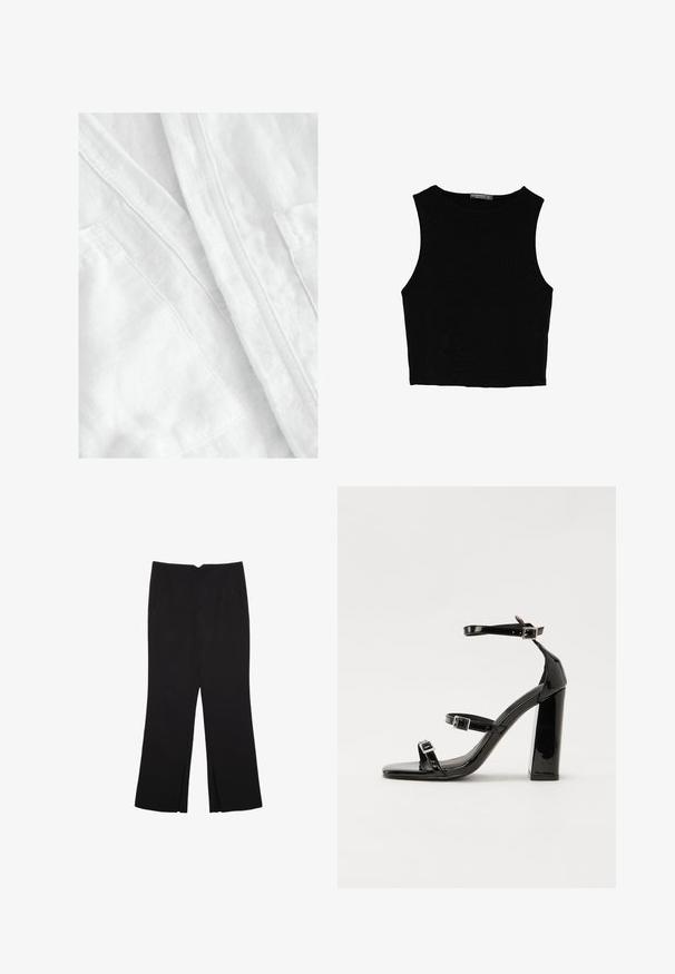 Bela lanena tkanina z mehkim, teksturiranim zaključkom. Ima vidne šive in podrobnost žepa, kar prenaša lahkotno in zračno zasnovo.; Črn brez rokavov crop top, izdelan iz gladkega materiala, z okroglim izrezom in čistim, preprostim dizajnom brez vzorcev ali dodatkov.; Črne hlače ravnega kroja z naglavnimi žepi in stranskimi razporki na robu. Narejene iz mehke, gladke tkanine. Primerne za različne priložnosti.; Črne lakirane sandale s peto, kvadratnim prstom, trakovi okrog gležnja in srebrnimi zaponkami. Opremljene so s stabilno Debelo peto.
