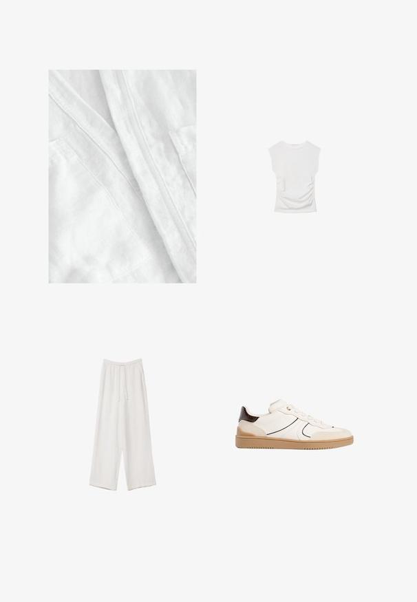 Bílá lněná tkanina s měkkým, texturovaným povrchem. Obsahuje viditelné švy a detaily kapsy, což naznačuje lehký a prodyšný design.; Bílý top s krátkým rukávem a kulatým výstřihem. Má na stranách nařasenou texturu a přiléhavý siluetu, vyrobený z měkkého, elastického materiálu.; Bílé široké kalhoty vyrobené z lehké tkaniny. Mají elastický pas se šňůrkou a boční kapsy. Hladká textura.; Stradivarius Tenisky - white