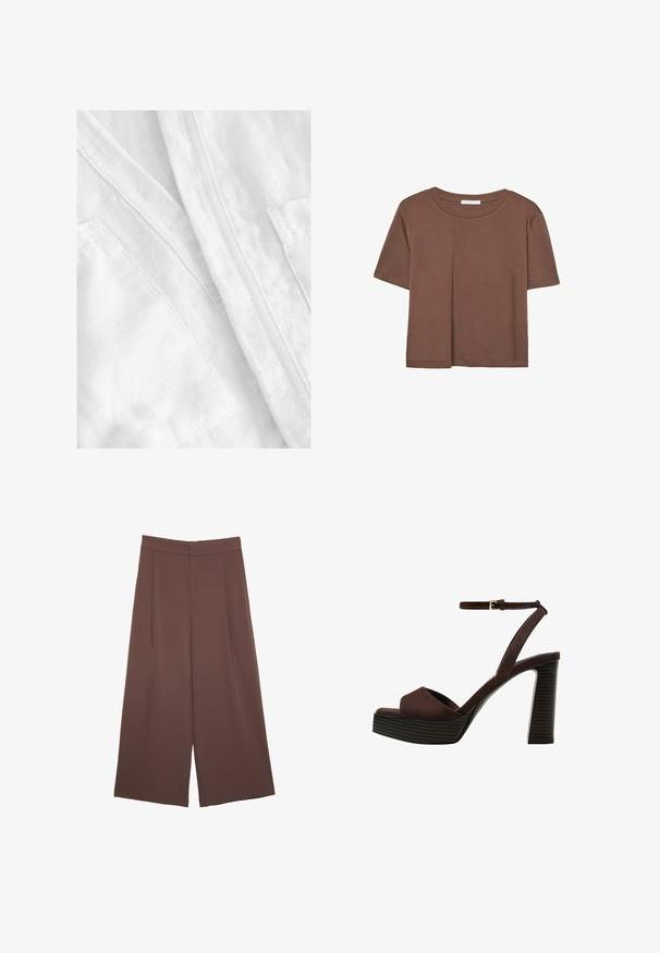 Weißer Leinenstoff mit einer weichen, strukturierten Oberfläche. Beinhaltet sichtbare Nähte und ein Taschendetail, was ein leichtes und atmungsaktives Design vermittelt.; Braunes, kurzärmliges T-Shirt aus weichem Material mit rundem Halsausschnitt und lockerer Passform. Keine sichtbaren Muster oder Akzente.; Braune Weite-Leg-Hosen mit einer glatten Textur, hoher Taille und Vorderfalten. Der Stoff ist leicht und fällt locker.; Braune Wildleder-Pumps mit offenem Zeh, verstellbarem Knöchelriemen und gestreiftem Plateausohlen.