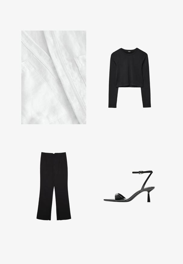 Tessuto di lino bianco con una finitura morbida e testurizzata. Presenta cuciture visibili e un dettaglio della tasca, che trasmettono un design leggero e traspirante.; Top cropped nero a maniche lunghe con scollatura tonda, design semplice e orlo leggermente curvo.; Pantaloni neri a gamba dritta, con tasche frontali e spacchi laterali all'orlo. Realizzati in tessuto morbido e liscio. Adatti a diverse occasioni.; Bershka Sandali con tacco - black