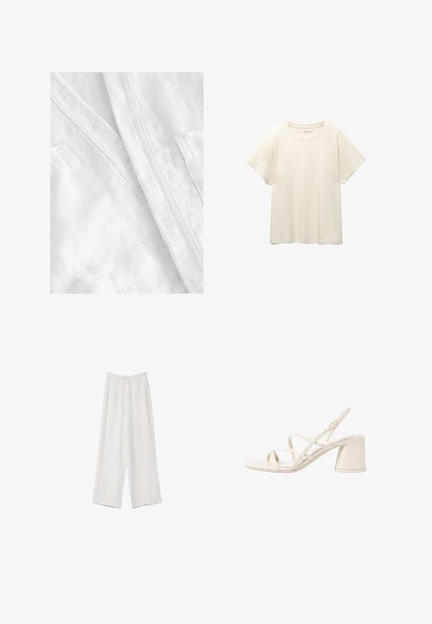 Tissu en lin blanc avec une finition douce et texturée. Présente des coutures visibles et un détail de poche, véhiculant un design léger et respirant.; T-shirt beige clair à manches courtes avec un col rond, fabriqué en tissu doux et lisse. Présente une coupe décontractée et un ourlet droit.; Pantalons larges blancs en tissu léger. Dotés d'une taille élastique avec cordon de serrage et de poches latérales. Texture lisse.; Sandales à talons strappy beige avec un bout ouvert rond et un talon bloc moyen. Elles présentent une sangle de cheville réglable et une finition lisse et brillante.