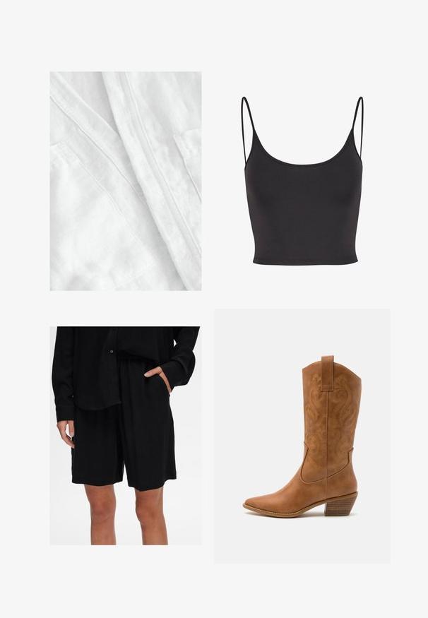 Weißer Leinenstoff mit einer weichen, strukturierten Oberfläche. Beinhaltet sichtbare Nähte und ein Taschendetail, was ein leichtes und atmungsaktives Design vermittelt.; Schwarzes, ärmelloses Crop-Top aus glattem Stoff. Hat dünne Spaghetti-Träger und einen runden Halsausschnitt, mit einer taillierten Passform.; Schwarze, lässige Shorts aus weichem Material mit elastischem Bund und seitlichen Taschen; kombiniert mit einem passenden kurzärmeligen Hemd.; Braune Leder-Cowboy-Stiefel mit spitzem Zehenbereich, bestickten Wirbelmustern am Schaft und einem gestapelten Blockabsatz. Verfügt über einen Ziehriemen für das einfache Anziehen.