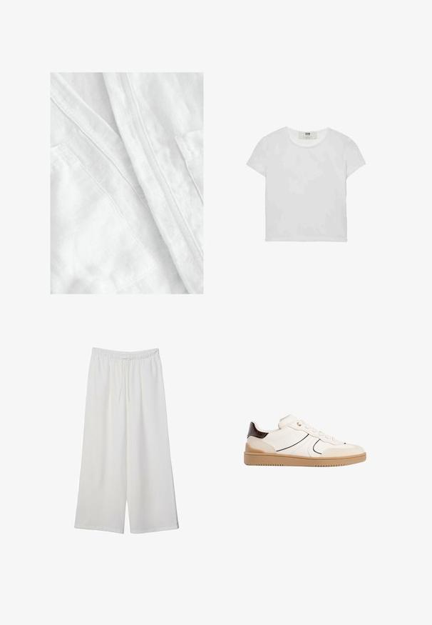 Biely ľanový materiál s mäkkým, textúrovaným povrchom. Obsahuje viditeľné švy a detaily vrecka, pričom vyjadruje ľahký a priedušný dizajn.; Biele tričko s krátkym rukávom a okrúhlym výstrihom, vyrobené z mäkkého bavlneného materiálu, s jednoduchým a čistým dizajnom bez viditeľných vzorov alebo doplnkov.; Biele široké nohavice z ľahkého materiálu s elastickým pásom a šnúrkou na nastavenie veľkosti. Hladká textúra.; Stradivarius Tenisky - white