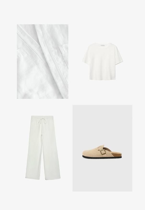Tissu en lin blanc avec une finition douce et texturée. Présente des coutures visibles et un détail de poche, véhiculant un design léger et respirant.; T-shirt blanc à manches courtes en coton. Doté d'un col ras du cou et d'une coupe décontractée. Texture lisse sans motifs ni accents visibles.; Pantalons larges blancs en tissu doux. Dotés d'une taille élastique avec cordon de serrage et d'une texture lisse. Aucuns motifs visibles ni éléments en métal.; Sabots en suède beige à enfiler, avec une semelle en liège, un bout arrondi et une bride simple dotée d'une boucle dorée. Semelle en caoutchouc pour une meilleure adhérence.