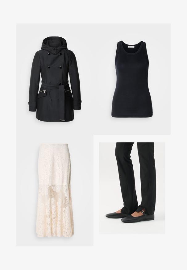 Cappotto nero con design doppiopetto, grandi bottoni, cappuccio e vita con cintura. Comprende tasche laterali con zip e una texture di tessuto morbido.; Top nero senza maniche realizzato in un tessuto morbido e elasticizzato. Caratterizzato da un collo rotondo e spalline larghe, con una vestibilità aderente e una superficie liscia.; Gonna midi in pizzo floreale color crema; presenta un design a strati con sezioni trasparenti, pizzo testurizzato e un orlo svasato.; Ballerine in pelle nera con punta appuntita, cinturino con fibbia in argento, abbinate a pantaloni neri su misura con orlo a spacco.