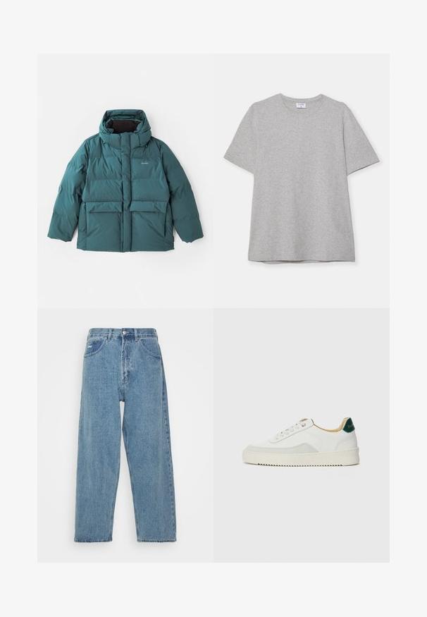 Holzweiler DOVRE JACKET - Gewatteerde jas - dark green; Grijze T-shirt met korte mouwen, gemaakt van zacht, textuurstof. Heeft een klassieke ronde hals en een rechte zoom, geschikt voor casual dragen.; Lichtblauwe denim jeans met een hoge taille, ontspannen pasvorm, met twee zijzakken, een achterzak met patch en een knoopsluiting.; Witte sneaker met suède accenten, ronde neus, platte veters en een crème rubberen zool. Bevat groene branding op de hiel.