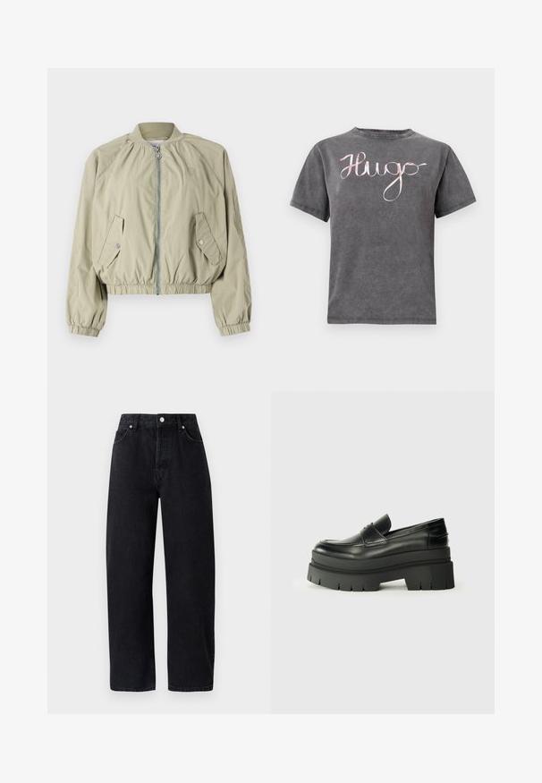Heled roheline lühike jakk, millel on luku esiosa, elastsed mansetid ja kaks küljetaskut. Omab ümmargust soonikkoes kraed ja diskreetset logo detaili.; Hallhallane puuvillane T-särk ümmarguse kaeluse ja lühikeste varrukatega, millel on roosa kätkema "Hugo" logo rinna kohal. Pehme tekstuur ja korralik disain.; Kõrge vöökohaga, sirged mustad denim püksid, viie taskuga, metallist nööpidega ja toon-toonis õmblustega. Sile tekstuur, minimalistik disain.; Mustad mustrennistest nahast mokad, millel on paks platvormi tald. Ümar varvas, eesmine õmblusdetail ja peened õmblemisaktsendid. Lame, tekstureeritud välistald.
