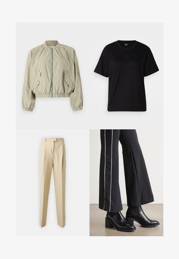 Heled roheline lühike jakk, millel on luku esiosa, elastsed mansetid ja kaks küljetaskut. Omab ümmargust soonikkoes kraed ja diskreetset logo detaili.; Mustmust särk, millel on ümar kaelus, lühikesed varrukad ja tindiga tikitud logo rinnal. Lihtne, mugav lõige ilma mustriteta.; Beez värvi jalatsid, sirgete lõigetega, kergelt kortsulistedetailide, vöökoha ja siledaga tekstuuriga. Ei ole nähtavaid taskuid ega kaunistusi.; Mustad nahast pahklu_bootid, millel on ploki konts ja elastsed külgpaneelid. Kombineeritud mustade pükstega, millel on valge küljeriba.