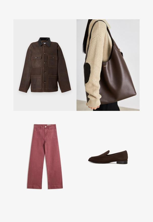 Brun läderjacka med svart krage, med fyra framfickor och knappstängningar. Mjuk textur med synliga sömnadsdetaljer.; Vit bomull t-shirt med korta ärmar och rund halsringning. Har en rosa etikett på insidan av halsen. Slät textur.; Breda byxor i en dämpad rosafärg. Tillverkade av ett robust tyg, med två bakfickor, knappstängning och bälteshällor.; Brun slip-on sko med en slät yta, förlängd form, låg klack och minimalistisk design. Inga synliga mönster eller utsmyckningar.; Brun läder tote-väska med en rymlig design. Har en slät yta och en subtil guldig logotyp. I kombination med en krämfärgad stickad tröja.