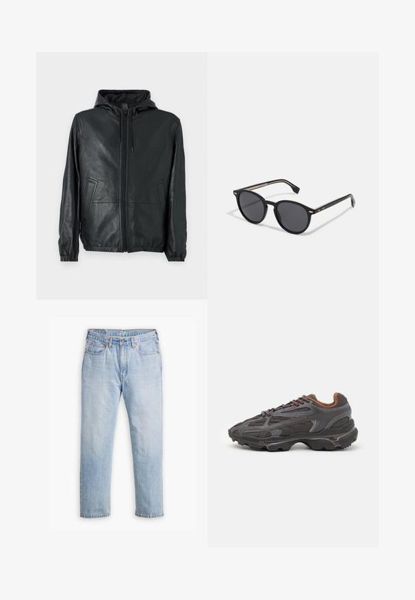 COACH REVERSIBLE TRAINER - Giacca di pelle - black/charcoal; Maglione leggero nero con collo a mezza zip, polsini e orlo a coste, caratterizzato da un piccolo logo verde sul petto.; Jeans in denim blu chiaro con design a gamba dritta, stile a cinque tasche e cuciture a contrasto. Chiusura con bottone e zip in vita.; Sneaker Lacoste grigie scure in materiale mesh e sintetico, con suola testurizzata e dettagli marroni sul colletto e sul branding.; BOSS Occhiali da sole - black