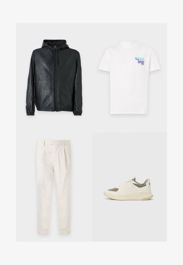 COACH REVERSIBLE TRAINER - Kožnata jakna - black/charcoal; Bijela pamučna majica s višebojnim grafičkim logom na lijevoj strani prsnog koša, okrugli izrez i kratki rukavi.; Bijele, naborane hlače s krojem po mjeri, koje imaju glatku teksturu, petlje za pojas i sužene nogavice. Nema vidljivih džepova ili uzoraka.; Bijele i svijetlosmeđe sportske tenisice, sa mrežastim gornjim dijelom, perforiranim detaljima i teksturiranim međutrakom sa brendom na peti.