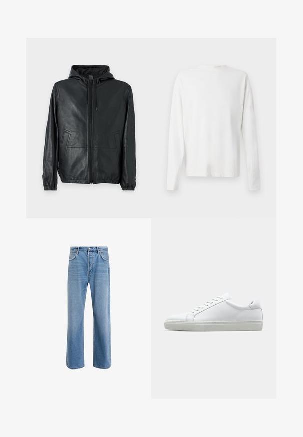 COACH REVERSIBLE TRAINER - Leather jacket - black/charcoal; Long-sleeved white cotton shirt with a round neckline, side slits at the bottom, and a smooth texture, displayed from the back.; Light blue denim jeans with a straight-leg design, five pockets, button closure, minimal fading, and contrasting stitching details.; White sneaker with a smooth leather upper and a low profile. Features a rounded toe, six eyelets, and a textured rubber sole.