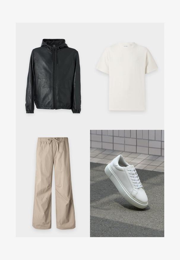 COACH REVERSIBLE TRAINER - Nahkatakki - black/charcoal; Valkoinen lyhythihainen T-paita ribbikuviossa. Pyöreä kaula-aukko, rento istuvuus, ei näkyviä kuvioita tai yksityiskohtia. Yksinkertainen ja monikäyttöinen muotoilu.; Kermanväriset leveät housut, joissa on joustava vyötärö ja naru. Sujuva tekstuuri, kaksi sivutaskua ja minimaalinen sauma rentoa istuvuutta varten.; Valkoinen nahkainen lenkkari, jossa on sileä pinta, pyöreä kärki ja tasaiset valkoiset nauhat. Varustettu teksturoidulla kumi-pohjalla ja vähäisillä muotoiluelementeillä.