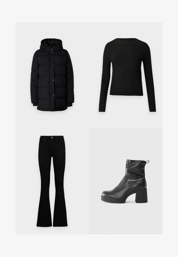 Chaqueta de plumas negra con capucha, que presenta un diseño acolchado, botones a presión y dos bolsillos laterales. Confeccionada en un material liso e insulated.; Suéter negro de manga larga ajustado con estampado de canalé y cuello redondo, exhibido sobre un fondo claro y liso.; Jeans negros de cintura alta con cierre de botón y cremallera, bolsillos frontales y piernas acampanadas, dispuestos sobre un fondo blanco.; Botines negros de tobillo, hechos de cuero suave, con cierre lateral, tacón grueso texturizado y diseño de punta redondeada.