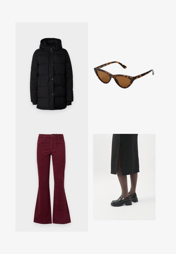 Giacca a vento nera con cappuccio, caratterizzata da un design trapuntato, bottoni automatici e due tasche laterali. Realizzata in un materiale liscio e isolante.; JDY LORRAINE - Maglione - cement; Jeans in velluto a coste color bordeaux a gamba svasata con cinque tasche, chiusura anteriore con bottone e tessuto texturizzato. Le svasature si estendono dal ginocchio all'orlo.; Scarpe in pelle nera con punta arrotondata, tacco spesso a blocco e accenti laterali in elastico, abbinate a collant scuri e una gonna nera con uno spacco.; Occhiali da sole cat-eye con una montatura tartarugata nera e arancione, lenti marroni e punte affusolate e eleganti. Presentano un logo minimale sulla asta.