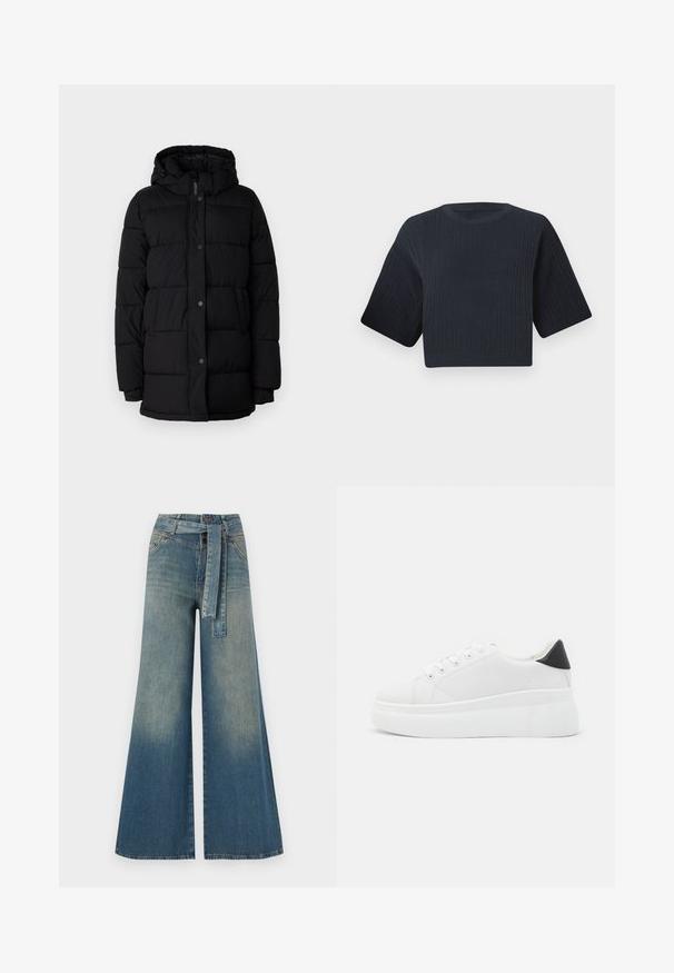 Schwarze Weste mit Kapuze, mit einem gesteppten Design, Druckknöpfen und zwei seitlichen Taschen. Hergestellt aus einem glatten, isolierenden Material.; Dunkelblaue cropped Strickjacke mit gerippter Textur, kurzen weiten Ärmeln und rundem Halsausschnitt. Schlichtes Design, keine sichtbaren Muster oder Akzente.; Weit geschnittene Denim-Hosen mit einem Farbverlauf von hellblau zu dunkelblau, hoher Taille, Gürtelschlaufen und einem passenden Stoffgürtel. Strukturierte Denim-Oberfläche.; Weiße Plateausneaker aus glattem Kunstmaterial, mit runder Zehenform, Schnürdesign und einer strukturierten Gummisohle. Schwarzer Fersenakzent.