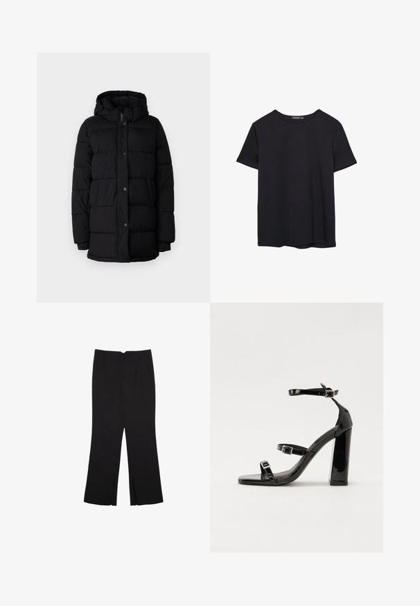 Sort puffjakke med hætte, udstyret med et quiltet design, trykknapper og to sidelommer. Fremstillet af et glat, isoleret materiale.; Simpel sort kortærmet bomulds T-shirt med rund hals, præsenteret på en hvid baggrund.; Sorte bukser med lige pasform, der har frontlommer og slidser i kanten. Lavet af blødt, glat stof. Velegnet til forskellige anledninger.; Sorte laklædersandaler med høje hæle, to spænderemme, firkantet tå og en kraftig blokhæl, der har en glat, blank overflade.