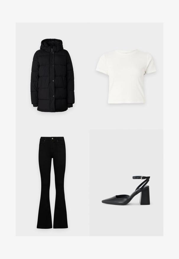 Black puffer jacket with a hood, featuring a quilted design, snap buttons, and two side pockets. Made from a smooth, insulated material.; Short white t-shirt made of cotton with short sleeves, a round neckline, and a straight hem, featuring a smooth texture and minimal design.; Black high-waist jeans with a button and zip closure, front pockets, and flared legs laid flat on a white background.; Black leather pointy-toe pump with an ankle strap and a chunky heel. Flat texture, sleek design, and minimalistic aesthetics.