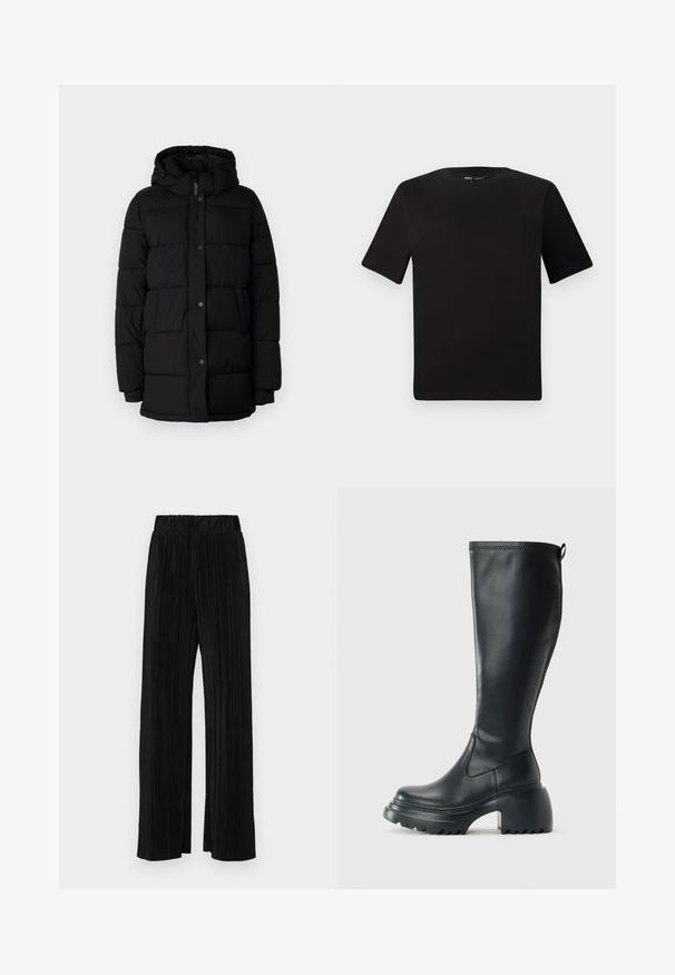Sort puffjakke med hætte, udstyret med et quiltet design, trykknapper og to sidelommer. Fremstillet af et glat, isoleret materiale.; Sort kortærmet t-shirt med rund halsudskæring, lavet af blødt bomuldsstof. Enkel design, ingen synlige logoer eller mønstre.; Sorte plisserede bukser med elastisk talje. Har brede ben og et glat, tekstureret stof med lodrette striber.; Høj sort læderstøvle med kraftig platformssål og blokhæl, med trækstrop og tekstureret sål.