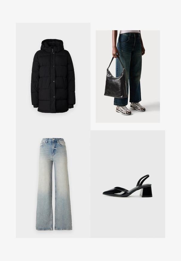 Sort puffjakke med hætte, udstyret med et quiltet design, trykknapper og to sidelommer. Fremstillet af et glat, isoleret materiale.; Sort og hvid T-shirt, rund hals, korte ærmer. Den sorte skjorte har gult solbroderi; den hvide har lilla halvmåne-accent.; Lyseblå vid jeans lavet af denim, med høj talje, fem lommer og synlige sømme langs sømmene.; Sorte patentlæder slingback hæle med spids tå og en geometrisk blok hæl. Har et elegant, minimalistisk design og en glat tekstur.; Sort læder skuldertaske med en glat tekstur og justerbar skulderrem, parret med faded brede bukser og atletiske sneakers.