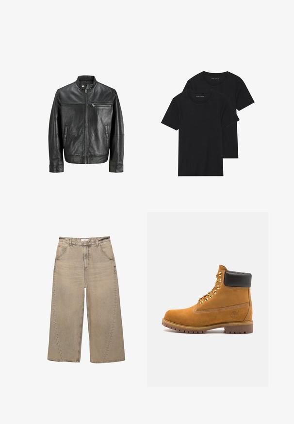 Musta nahkatakki, jossa on pystysuora kaulus, etuvetoketju, vetoketjullinen rintatasku ja kaksi sivutaskua, esillä valkoisella taustalla.; Kaksi mustaa puuvillapaitaa lyhyillä hihoilla, pyöreällä kauluksella ja sileällä pinnalla, esillä päällekkäin.; PULL&BEAR MEGA BAGGY - Baggy-farkut - light grey; Valkoinen nahkainen nilkkuri mustalla pehmustetulla kauluksella, kultaisilla metallisilla rei'illä, valkoisella ompeluksella ja jykevällä kumipohjalla, jossa on selvästi näkyvät urat.