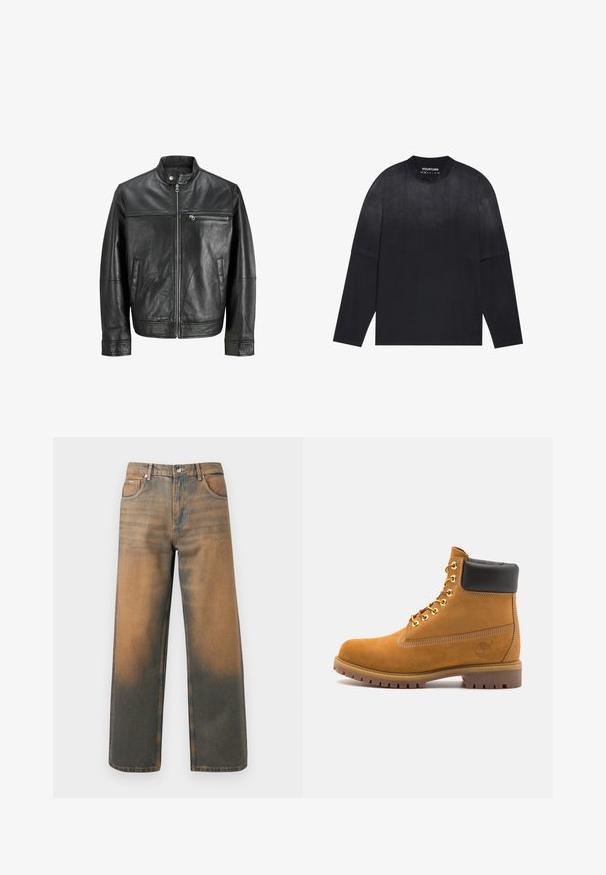 Veste en cuir noir avec col montant, fermeture éclair à l'avant, poche poitrine zippée et deux poches latérales, présentée sur fond blanc.; T-shirt noir à manches longues en tissu doux ; avec un col rond, un ajustement ample et un léger effet dégradé du clair au foncé.; Jean large en denim bleu et marron délavé. Caractéristiques : taille haute, poches avant et fermeture à boutons classique avec des accents métalliques.; Bottine en daim beige avec un col rembourré noir, œillets en métal doré, détails de surpiqûres blanches et semelle en caoutchouc robuste avec des crampons prononcés.