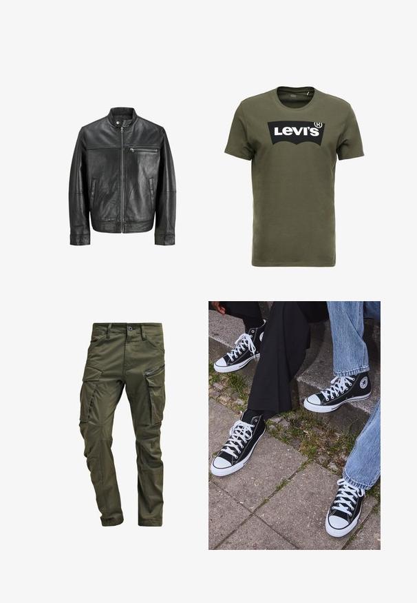Schwarze Lederjacke mit Stehkragen, Frontreißverschluss, Reißverschluss-Brusttasche und zwei Seitentaschen, auf weißem Hintergrund präsentiert.; Olivegrünes Baumwoll-T-Shirt mit einem großen schwarzen Levi's-Logo auf der Vorderseite. Klassischer Rundhalsausschnitt und kurze Ärmel, glatte Textur.; Olivgrüne Cargo-Hosen aus strapazierfähiger Baumwolle. Sie verfügen über mehrere Taschen, eine mit Reißverschluss versehene Seitentasche und ein tapered Bein mit einer leicht strukturierten Oberflächenbeschaffenheit.; Schwarzecanvas-Sneaker mit hohem Schaft, weißen Gummisohlen und Schnürsenkeln, die ein rundes Logo an der Seite besitzen und mit Denim- sowie schwarzen Hosen kombiniert sind.