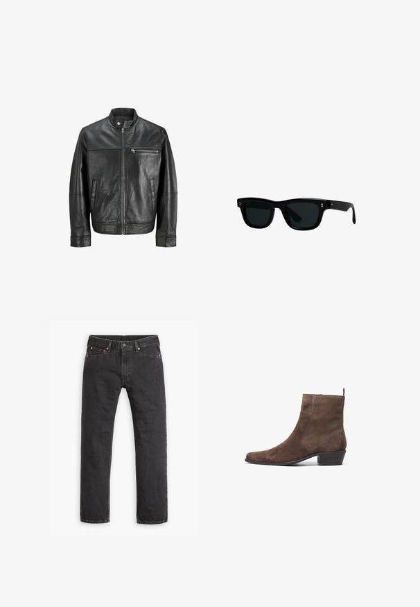 Zwarte leren jas met opstaande kraag, ritssluiting aan de voorkant, ritszak op de borst en twee zijzakken, weergegeven op een witte achtergrond.; Zwarte katoen t-shirt met korte mouwen, ronde hals en een relaxte fit. Soepele textuur en minimalistisch ontwerp, geen patronen of accenten.; Zwarte denim jeans met rechte pijpen, vijf zakken, knoopsluiting en koperen klinknagels, plat gelegd op een witte achtergrond.; Bruine suède enkelboot met een spitse neus, een lage blokhak en een lus aan de achterkant voor gemakkelijk aan- en uittrekken. Gladde textuur en eenvoudig ontwerp.; Zwarte zonnebril met vierkante monturen, donkere lenzen en glad plastic materiaal. Heeft kleine, ronde accenten aan de voorkant en slanke armen.