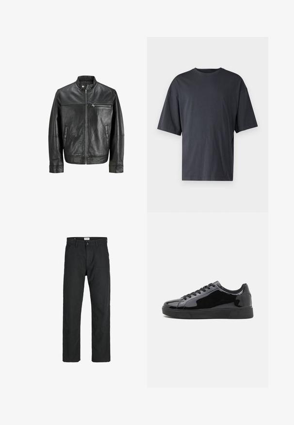 Mustорх nahkjakker, millel on seisev krae, ees lukuga, lukuga rinna tasku ja kaks küljetaskut, esitatud valgel taustal.; Tumehall lühikeste varrukatega T-särk, mis on valmistatud kerge puuvilla segust, laia lõikega ja klassikalise ümmarguse kaelusega, täiesti sile ja ilma mustriteta.; Mustad mustad, mis on valmistatud vastupidavast kangast, sirge jala disainiga, õmmeldud detailidega ja kahe eesmise taskuga funktsionaalsuse jaoks.; Mustad musta ähkme nahast tossud ümmarguse varvastega, lame kummist tallaga ja mustade paeltega. Ülemise pinna sile ja läikiv tekstuur.