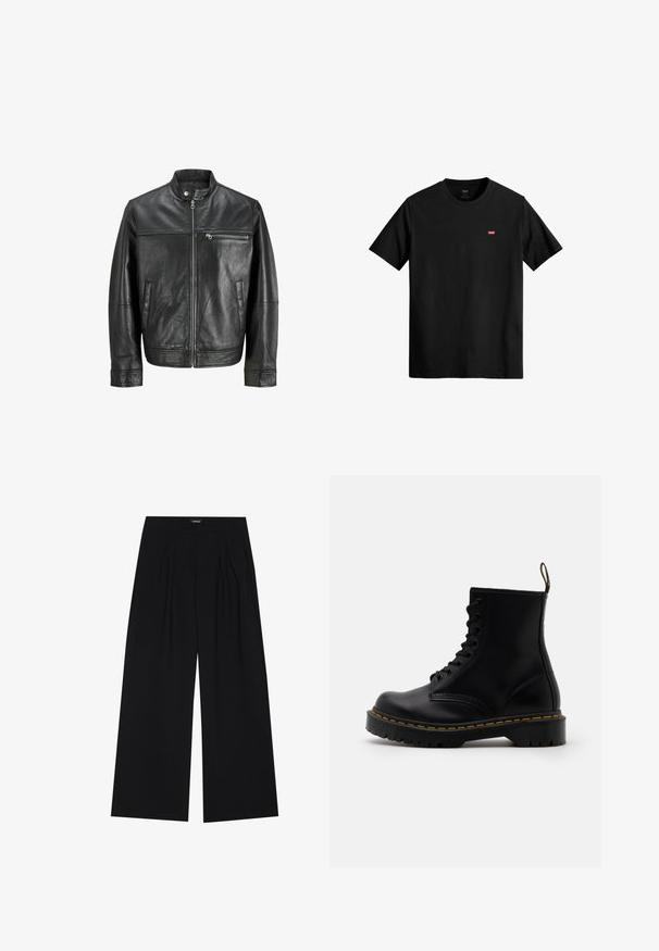 Giacca di pelle nera con colletto alto, zip frontale, tasca sul petto con zip e due tasche laterali, esposta su sfondo bianco.; T-shirt in cotone nero con scollatura tonda, maniche corte e un piccolo logo rosso Levi's sul lato sinistro del petto. Design leggero e semplice.; YOURTURN UNISEX - Pantaloni - black; Stivaletti alla caviglia in pelle nera con lacci anteriori, cuciture gialle, punta rotonda e suola in gomma spessa e testurizzata.