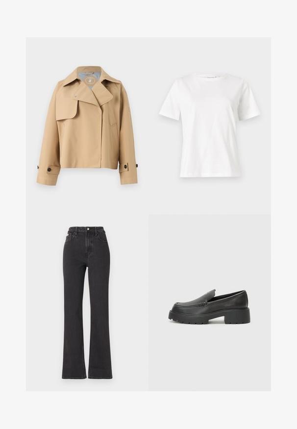 Bežna plašček proti dežju z ovratnikom, zaponkami, stranskimi žepi in zapenjanjem na gumbe. Izdelan iz gladkega, vodoodpornega materiala.; Bela bombažna majica s kratkimi rokavi, okroglo izrezana in ohlapnega kroja. Gladka tekstura, brez vzorcev ali dodatkov, minimalističen dizajn.; Črne kavbojke s visokim pasom in razširjenimi hlačnicami, narejene iz denima, z gumbom za zapiranje, zankami za pas in stranskimi žepi. Gladka tekstura z minimalnim bledenjem.; Črne usnjene loafers čevlje z zaobljenim nosom, debelim teksturiranim podplatom in minimalnimi šivi. Elegantna zasnova brez vidnih vezalk ali kovinskih delov.