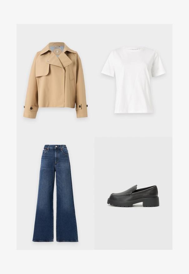 Chubasquero beige con cuello de solapa, cierres a presión, bolsillo lateral y puños abotonados. Fabricado en un material liso y resistente al agua.; Camiseta de algodón blanca de manga corta, con cuello redondo y un corte relajado. Textura suave, sin patrones ni acentos, diseño minimalista.; Jeans de tiro alto y pierna ancha hechos de denim azul oscuro, con cierre de botón, cinco bolsillos y un ligero desgaste en los muslos.; Mocasines de piel negra con punta redondeada, suela texturizada gruesa y mínimos detalles de costura. Diseño elegante sin cordones o herrajes visibles.