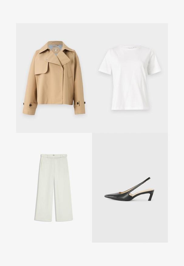 Beige regnjakke med reverskrave, trykknaplukninger, sidelommer og knapmanchetter. Fremstillet af glat, vandtæt materiale.; Hvid bomulds t-shirt med korte ærmer, rund halsudskæring og en afslappet pasform. Glat tekstur, ingen mønstre eller accenter, minimalistisk design.; Bredde bukser i lys cremefarvet stof, med sidelommer, flad front og en enkelt knaplukning i taljen. Glat tekstur.; Sorte spidse slingback-sko med en lav hæl, lavet af glat læder og med udskæringer på siden for åndbarhed.