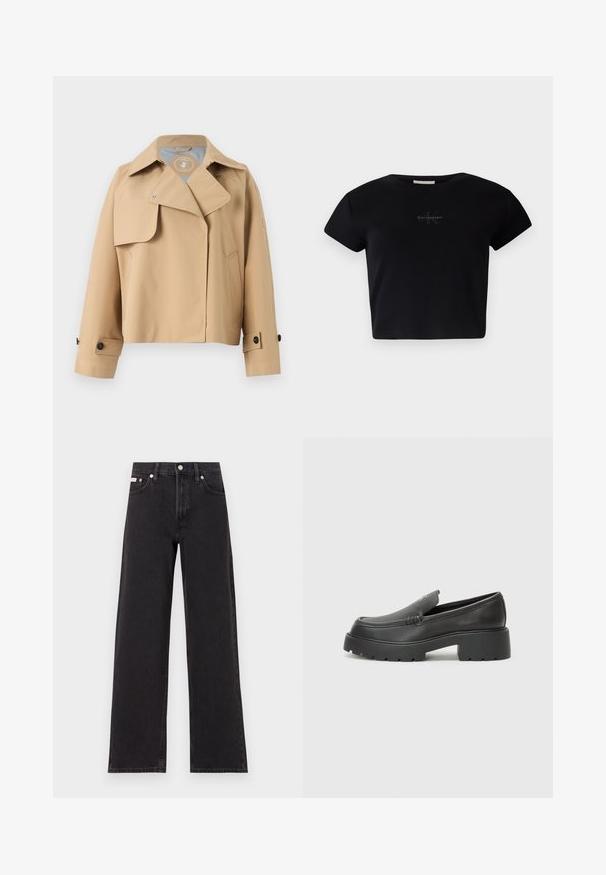 Beige rain jacket with a lapel collar, snap closures, side pocket, and buttoned cuffs. Made from smooth, waterproof material.; Black ribbed short-sleeve crop top made of soft material, featuring a subtle Calvin Klein logo in the center. Simple, classic design.; Black wide-leg jeans made of denim, featuring a high-rise waist, five-pocket styling, and a metal button closure with contrasting stitching.; Black leather loafers with a rounded toe, thick textured sole, and minimal stitching details. Sleek design with no visible laces or hardware.