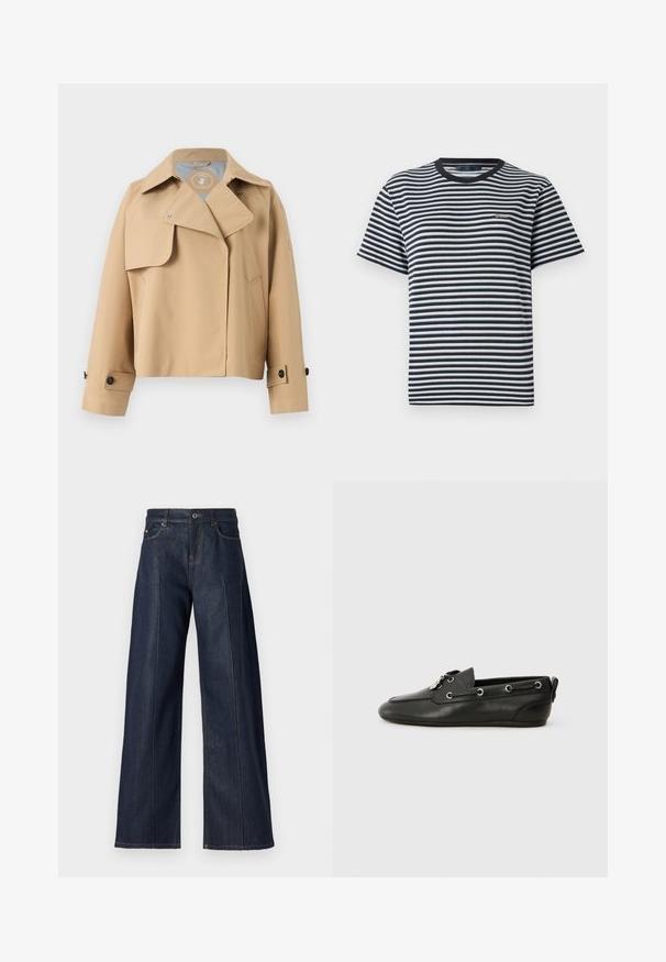 Imperméable beige avec un col à revers, des fermetures à pression, des poches latérales et des poignets boutonnés. Fabriqué en matériau lisse et imperméable.; T-shirt rayé avec des bandes horizontales noires et blanches, col rond et manches courtes. Fabriqué en tissu doux et léger.; Pantalon en denim bleu foncé à jambes larges avec une texture lisse, comportant cinq poches, un bouton, et des coutures contrastantes le long des coutures.; Chaussures bateau en cuir noir avec bout arrondi, devant à lacets, oeillets en métal et semelle plate. Elles sont dotées d'une petite languette à l'arrière.