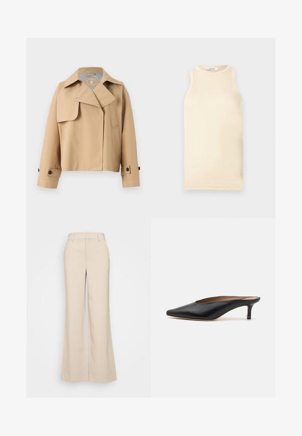 Beige rain jacket with a lapel collar, snap closures, side pocket, and buttoned cuffs. Made from smooth, waterproof material.; Light beige sleeveless top made of ribbed fabric, featuring a round neckline and fitted design. Smooth texture with minimal seams.; Beige wide-leg trousers with a smooth texture, featuring a high waistband and two front pockets. Clean design with a tailored fit.; Black leather mules with a pointed toe and low, block heel. Smooth texture with a sleek design. Open back with minimal detailing.