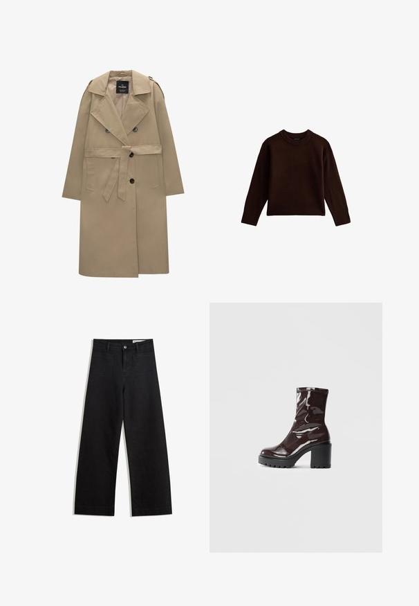 Beżowy płaszcz trench z podwójnym zapięciem, dużym kołnierzem, bocznymi kieszeniami i paskiem do przewiązywania. Tkanina wydaje się gładka i wodoodporna.; Brązowy sweter z dzianiny o okrągłym dekolcie, z prążkowanymi mankietami i dołem, cechujący się miękką teksturą i luźnym krojem. Bez wzorów ani dodatkowych detali.; Czarne dżinsowe spodnie o szerokich nogawkach i wysokim stanie, z przednimi i tylnymi kieszeniami, przeszyciami oraz zapięciem na guziki. Gładka struktura.; Błyszczące bordowe botki za kostkę z masywną czarną obcasem, charakteryzujące się gładką teksturą i prostym wzornictwem. Brak widocznych zapięć lub wzorów.