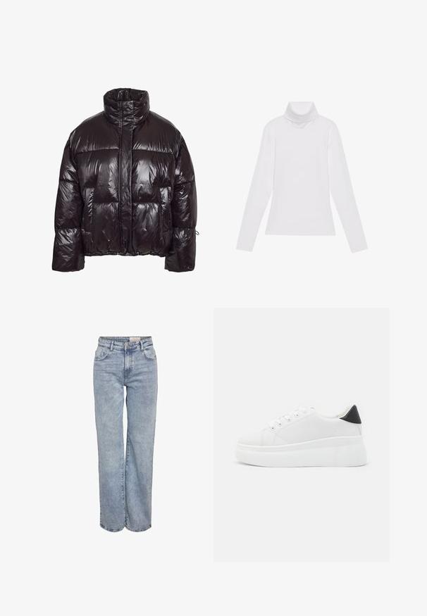 Blizgus juodos spalvos pūkinis švarkas su aukšta apykakle, didelėmis priekinėmis kišenėmis ir surišamu apačios kraštu, suteikiančiu struktūruotą siluetą.; Baltas ilgomis rankovėmis turtleneko tipo marškinėliai, pagaminti iš lygaus, tamprus audinys. Yra aukštas apykaklė ir prisitaikantis dizainas, be matomų raštų ar papuošimų.; Šviesiai mėlyni plačios kojų džinsai, pagaminti iš džinsinio audinio, pasižymintys aukštu liemeniu, penkių kišenių dizainu ir subtiliu blukimu, kad atrodytų jau dėvėti.; Balti platforminiai sportbačiai, pagaminti iš lygios sintetinio audinio, su apvaliu pirštu, raištelių užsegimu ir tekstūruota guma padanga. Juodas kulno akcentas.