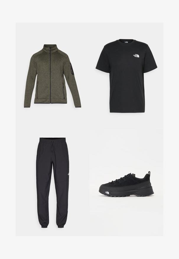 Olivgrüne Zip-Jacke aus strukturiertem Stoff, mit seitlichen Taschen und einem schwarzen Akzent an den Ärmeln. Hoher Kragen und taillierte Passform.; Schwarzes Baumwoll-T-Shirt mit kurzen Ärmeln, Rundhalsausschnitt und einem kleinen weißen Logo auf der linken Brust. Schlichtes Design, glatte Textur und lockere Passform.; Schwarze Sporthosen aus leichtem Stoff, mit einem Kordelzugbund, seitlichen Taschen und schmal zulaufenden Bündchen an den Knöcheln.; Schwarzer Outdoorsneaker mit einem Obermaterial aus Wildleder, strukturierter Gummisohle und robustem Schnürsystem. Verfügt über eine verstärkte Ferse und das Markenlogo an der Seite.