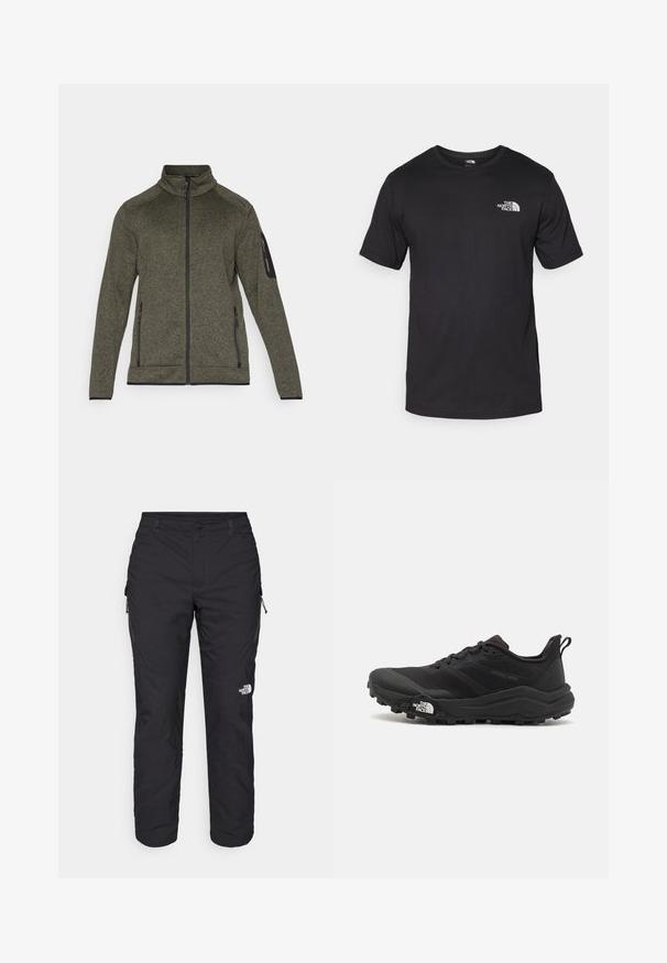 Oliivroheline lukuga jakk, mis on valmistatud tekstuursetest kangast, küljepraktiliste taskutega ja musta aktsendiga varrukal. Kõrge krae ja kokku surutud disain.; Must have lühikeste varrukatega must T-särk, mis on valmistatud puuvillast, ümmarguse kaelusega ja väikese valge logoga vasakus ülanurgas.; The North Face WINTER EXPLORATION TAPERED CARGO - Õuepüksid - black; Must tume jooksujalats musta värvi, tekstuurse ülemise osaga, kummist tallaga ja tugevdatud varbaga. Omab pehmendusega krae ja tõmblinti mugavaks selga panemiseks.