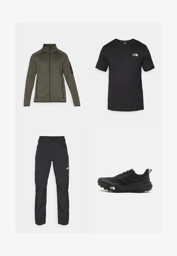 Olivgrüne Zip-Jacke aus strukturiertem Stoff, mit seitlichen Taschen und einem schwarzen Akzent an den Ärmeln. Hoher Kragen und taillierte Passform.; Schwarzes T-Shirt mit kurzen Ärmeln aus Baumwolle, mit einem runden Ausschnitt und einem kleinen weißen Logo auf der oberen linken Brust.; Schwarze Outdoor-Hosen mit einer Reißverschlusstasche vorne, aus synthetischem Material, mit schmal zulaufenden Beinen und verstärkten Kniefeldern. Verfügt über einen Knopfverschluss.; Schwarzer Trailrunning-Schuh mit strukturiertem Obermaterial, Gummisohle und verstärkter Zehenkappe. Verfügt über einen gepolsterten Kragen und eine Ziehlasche für einfaches Anziehen.