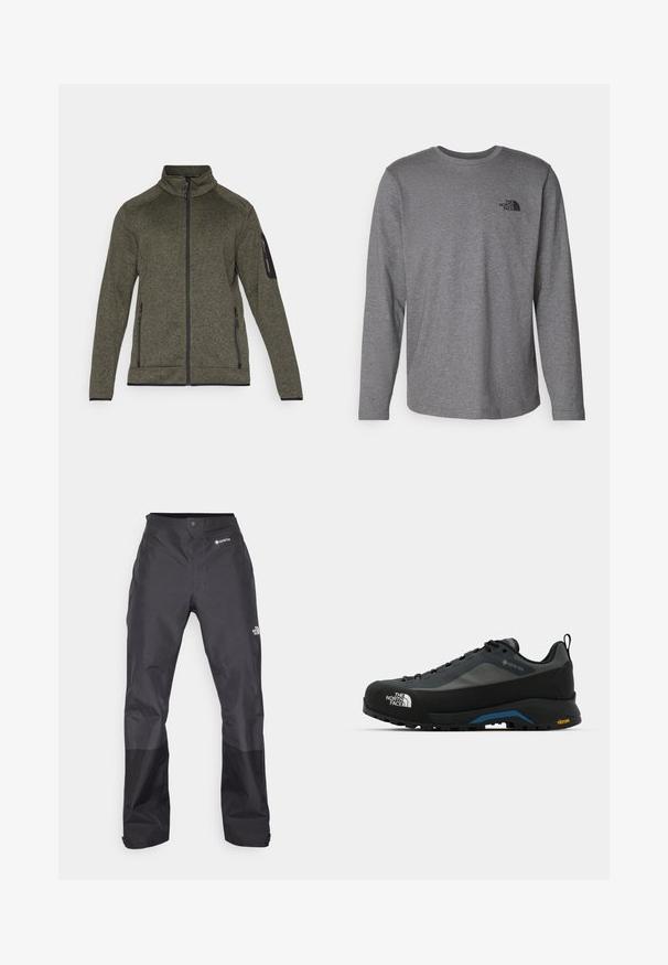 Giacca a zip verde oliva realizzata in tessuto testurizzato, con tasche laterali e un accento nero sulla manica. Collo alto e design aderente.; The North Face M L/S SIMPLE DOME TEE - Maglietta a manica lunga - medium grey heather; Pantaloni impermeabili neri con una texture liscia, dotati di un logo GORE-TEX sulla parte anteriore e rinforzi sulle gambe inferiori per una maggiore durata.; The North Face VERTO ALPINE GORE TEX - Scarpa da hiking - asphalt grey/tnf black