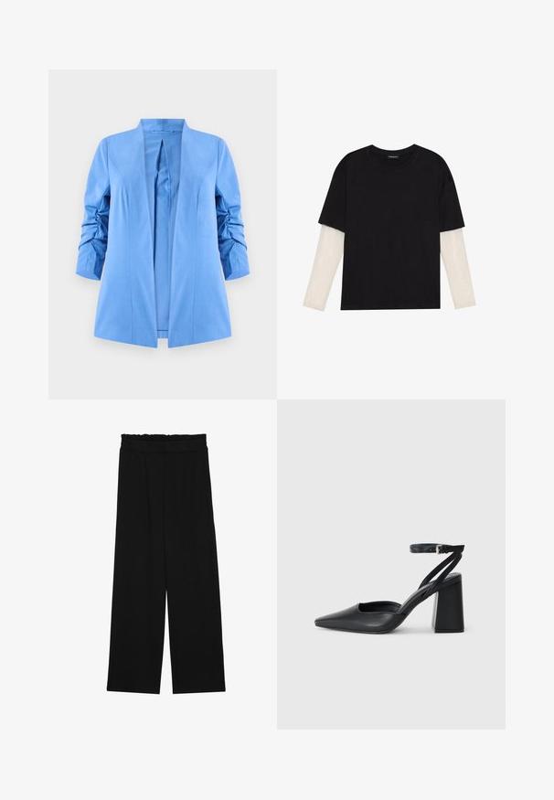 Jasnoniebieska marynarka z otwartym przodem, wyraźnie zarysowanymi ramionami i zgromadzonymi rękawami, wykonana z gładkiego materiału bez widocznych zapięć.; Czarny T-shirt wykonany z bawełny, z krótkimi rękawami na białej warstwie z długim rękawem z delikatnym teksturowanym wzorem. Projekt z okrągłym dekoltem.; Czarne spodnie typu wide-leg z falbaną w pasie, z dwoma bocznymi kieszeniami i gładkim, lekkim materiałem. Brak widocznych wzorów lub elementów metalowych.; Czarne skórzane czółenka z ostrym noskiem, z paskiem na kostce i grubym obcasem. Gładka faktura, elegancki design i minimalistyczna estetyka.
