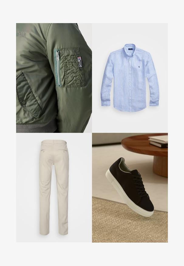 Zielona kurtka bomberka o gładkiej, błyszczącej fakturze, z zamykaną na zamek kieszenią na lewym rękawie oraz widoczną naszywką z logo.; Niebiesko-biała, w paski, koszula z długim rękawem, wykonana z bawełny, z kołnierzykiem zapinanym na guziki, guzikami z przodu oraz małym haftowanym logo na klatce piersiowej.; Beżowe spodnie o gładkiej fakturze, prostym kroju, z dwiema tylnymi kieszeniami z guzikami i standardowym pasem.; Czarny sneaker z białą podeszwą unoszący się nad beżowym, teksturowanym dywanem w pobliżu okrągłego drewnianego stołu z poukładanymi książkami.