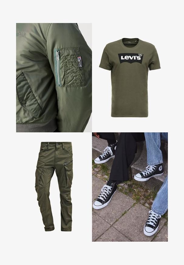 Green bomber jacket with a smooth, shiny texture, featuring a zippered pocket on the left sleeve and a visible logo patch.; Olive green cotton t-shirt featuring a large black Levi's logo on the front. Classic crewneck and short sleeves, smooth texture.; Olive green cargo pants made from sturdy cotton. Features multiple pockets, a zippered side pocket, and tapered legs with a slightly textured finish.; Black high-top canvas sneakers with white rubber soles and laces, featuring a circular logo on the side and paired with denim and black pants.